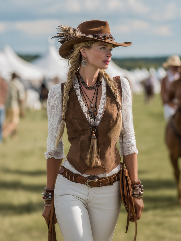 Romantic Western Style Lace Sleeves Brown Suede Shirt  - By Qivii