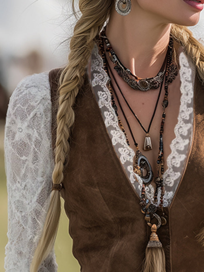 Romantic Western Style Lace Sleeves Brown Suede Shirt  - By Qivii