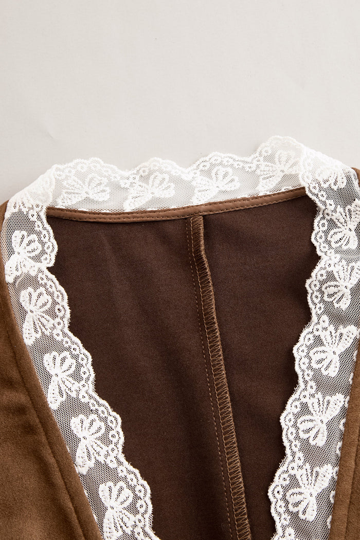 Romantic Western Style Lace Sleeves Brown Suede Shirt  - By Qivii