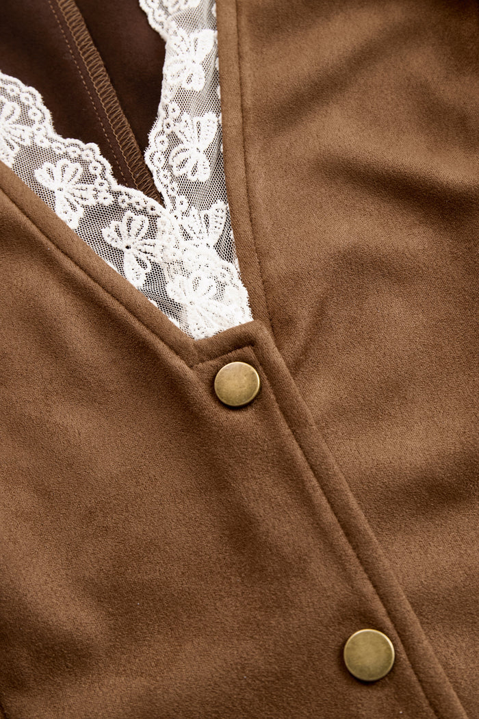 Romantic Western Style Lace Sleeves Brown Suede Shirt  - By Qivii