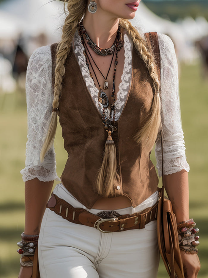 Romantic Western Style Lace Sleeves Brown Suede Shirt  - By Qivii