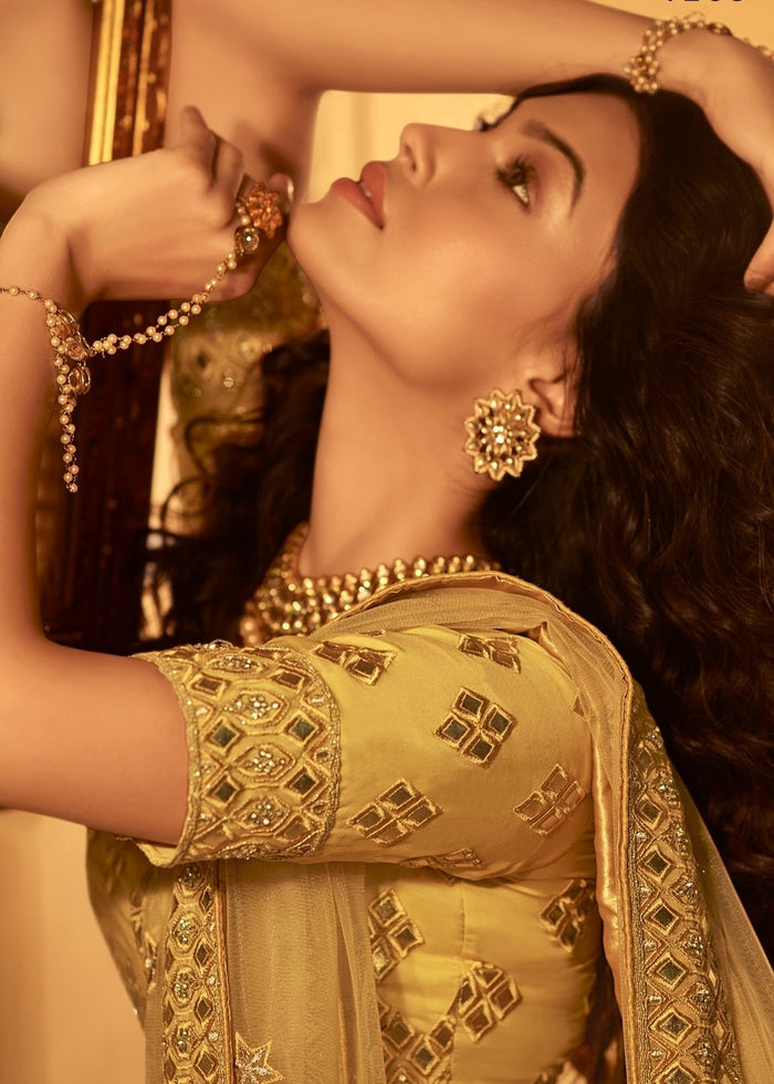 Royal Yellow Organza Lehenga Choli with Zari, Dori, Thread, Swarvoski & Zarkan work | Ready To Wear - qivii