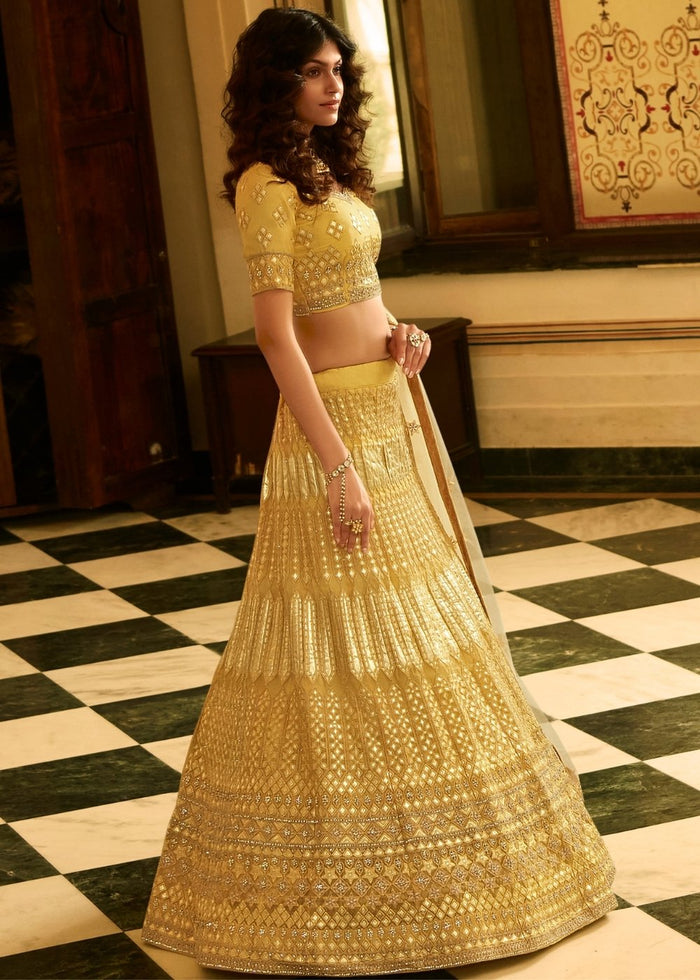 Royal Yellow Organza Lehenga Choli with Zari, Dori, Thread, Swarvoski & Zarkan work | Ready To Wear - qivii
