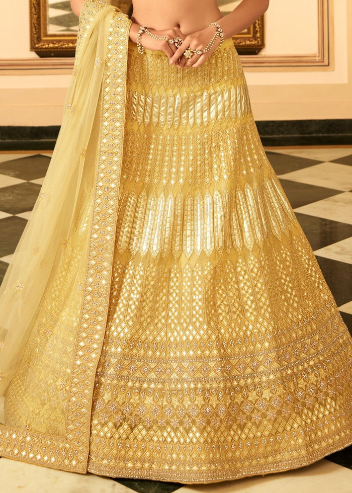 Royal Yellow Organza Lehenga Choli with Zari, Dori, Thread, Swarvoski & Zarkan work | Ready To Wear - qivii