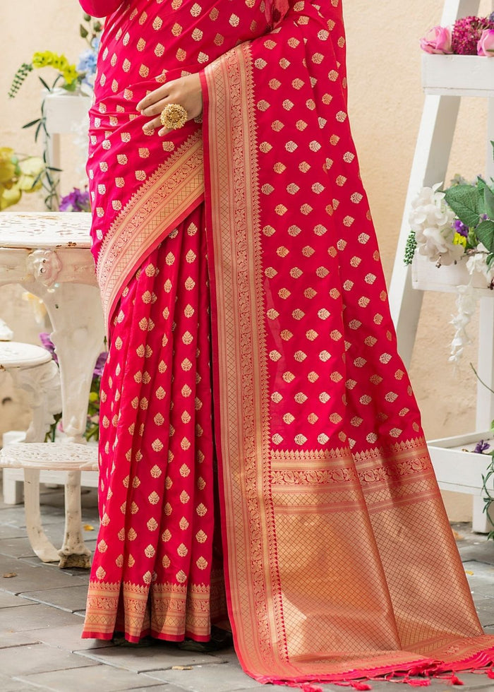 Ruby Pink Soft Banarasi Silk Saree with overall Butti - qivii