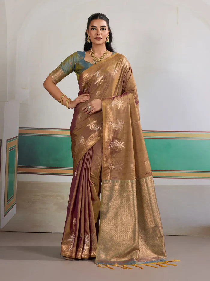 Rust Brown Tussar Silk Weaving Work Saree