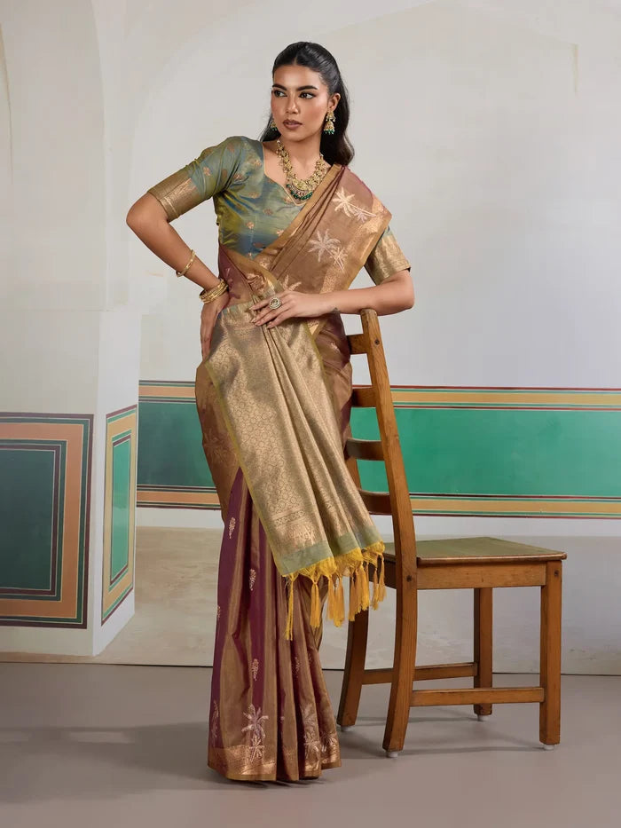 Rust Brown Tussar Silk Weaving Work Saree