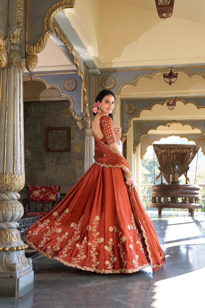 Rust Orange Embroidered Lehenga Choli