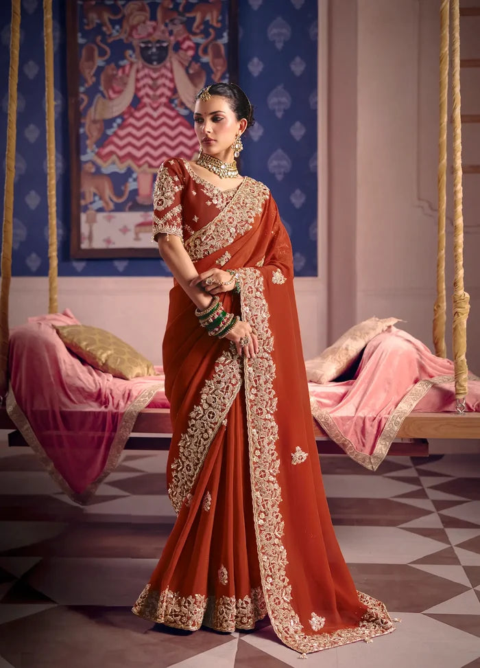 Rust Red Silk Heavy Embroidered Saree
