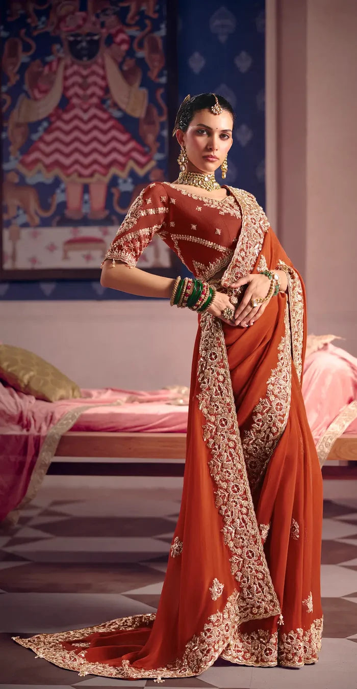 Rust Red Silk Heavy Embroidered Saree