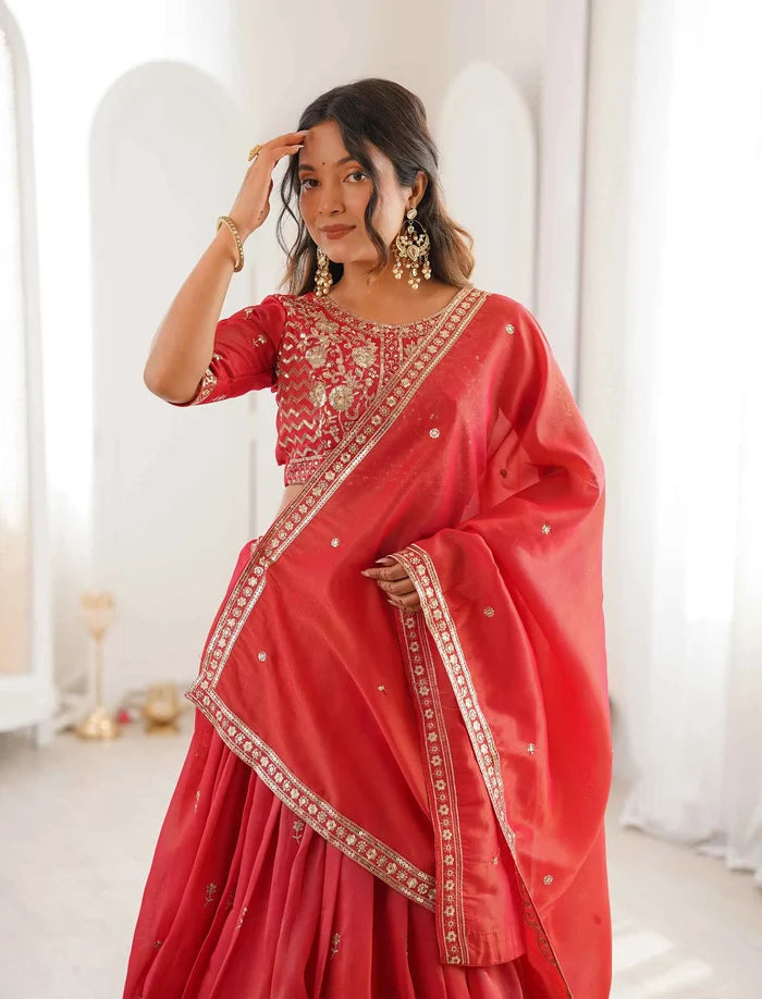 Rust Sequins Embroidery Lehenga Choli