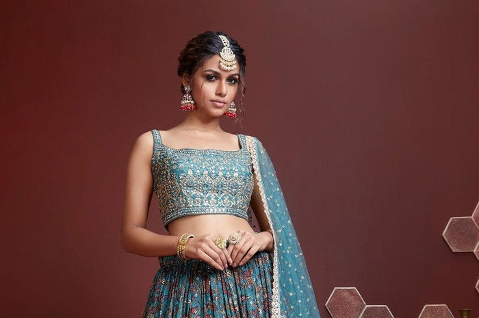 Georgette material lehenga choli with digital print and embroidery work