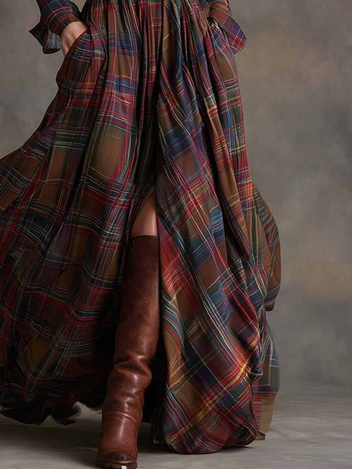 Scarlett | Plaid Maxi Shirt Dress Long Sleeve Belted Dress by Qivii