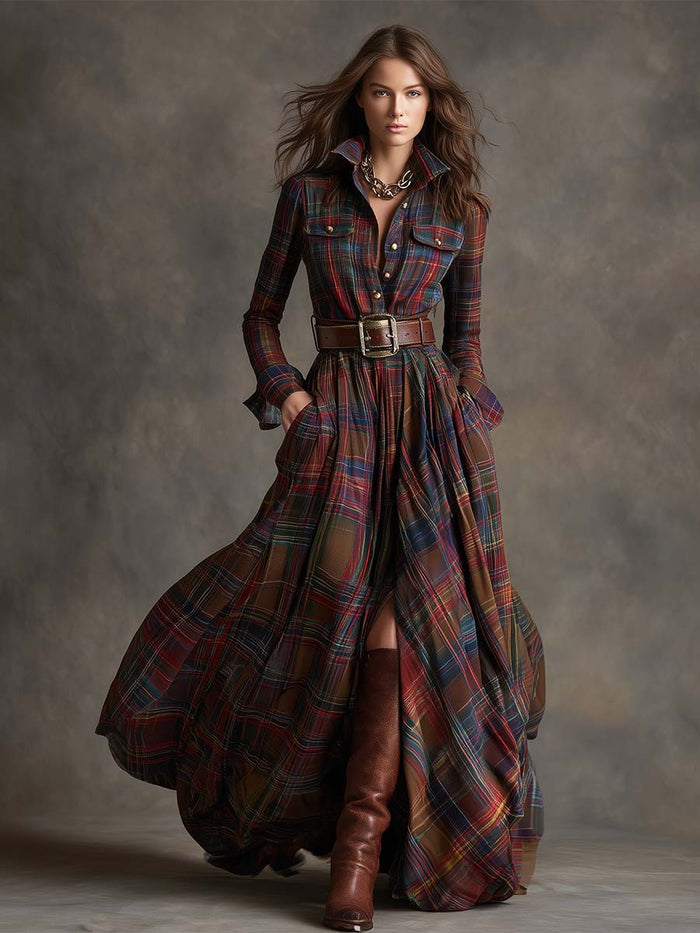 Scarlett | Plaid Maxi Shirt Dress Long Sleeve Belted Dress by Qivii