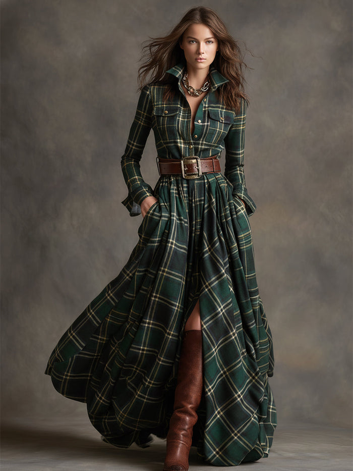 Scarlett | Plaid Maxi Shirt Dress Long Sleeve Belted Dress by Qivii