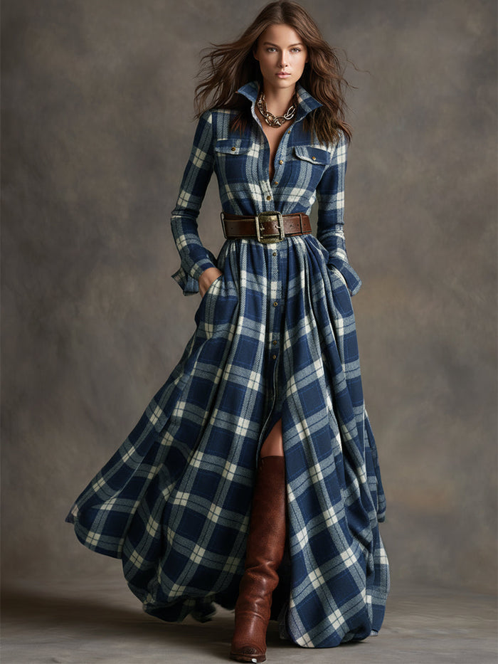 Scarlett | Plaid Maxi Shirt Dress Long Sleeve Belted Dress by Qivii