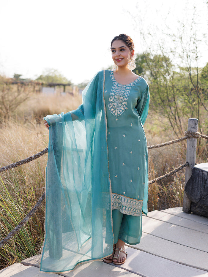 Sea Green Embroidered Silk Suit Set