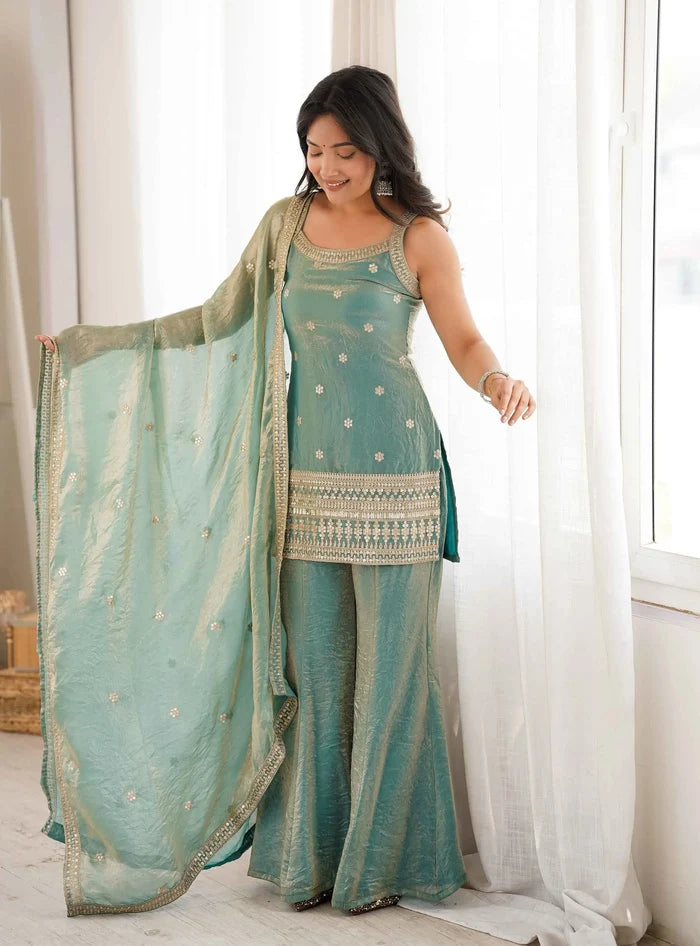 Sea Green Silk Embroidered Sharara Suit
