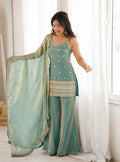 Sea Green Silk Embroidered Sharara Suit