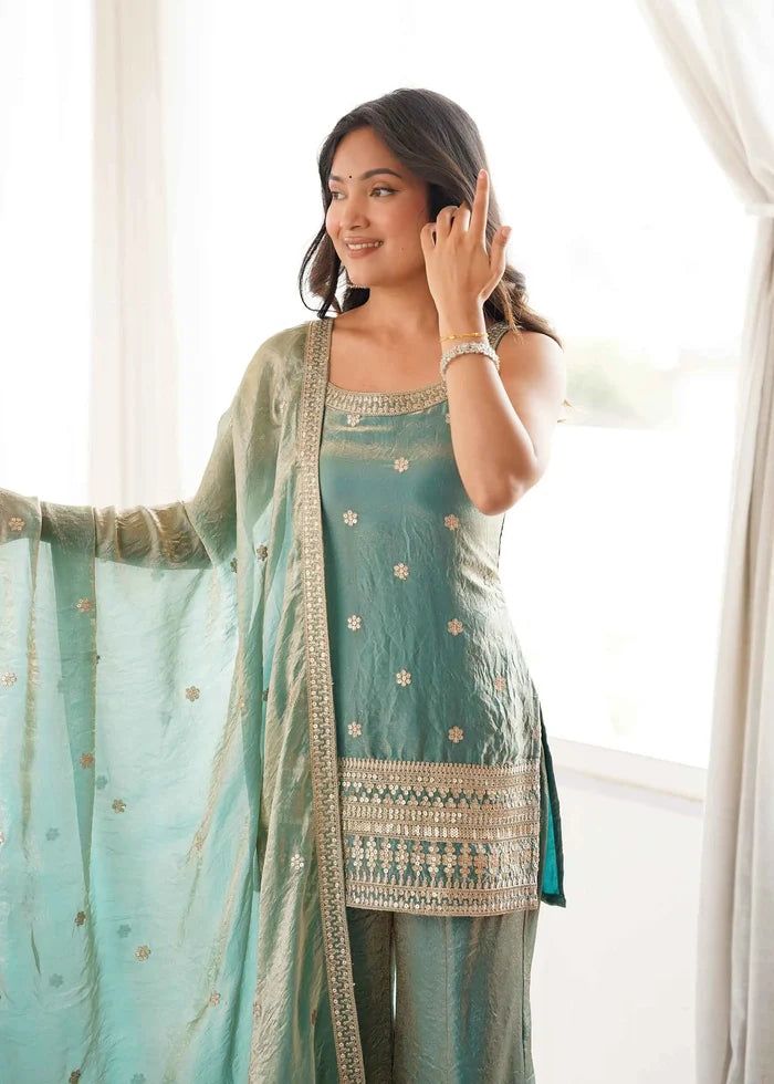 Sea Green Silk Embroidered Sharara Suit
