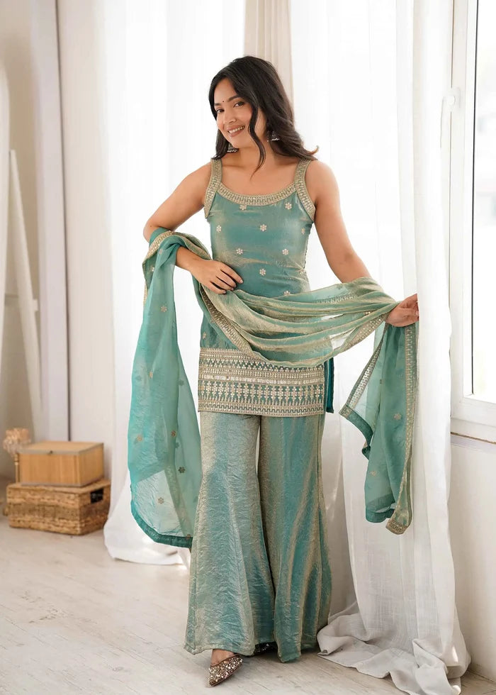 Sea Green Silk Embroidered Sharara Suit