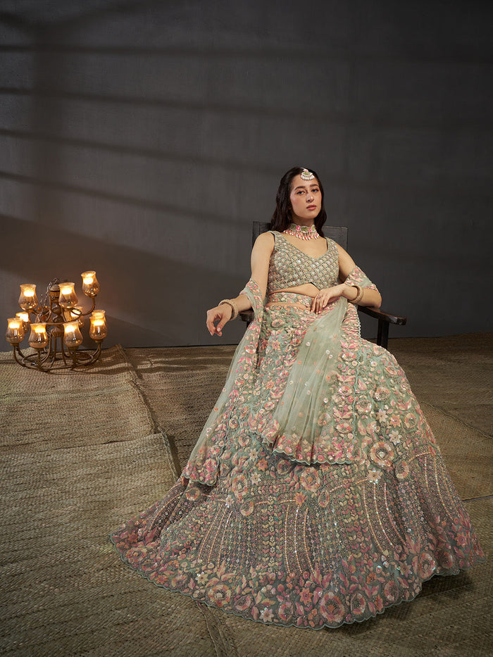 Seagreen - Multi Sequins Embroidered Net Semi-Stitched Bridal Lehenga choli - qivii