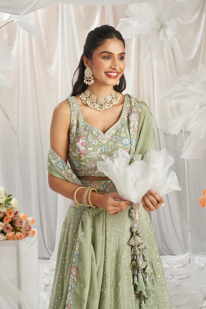 See Green Chiffon Lehenga with Sequins & Thread Embroidery