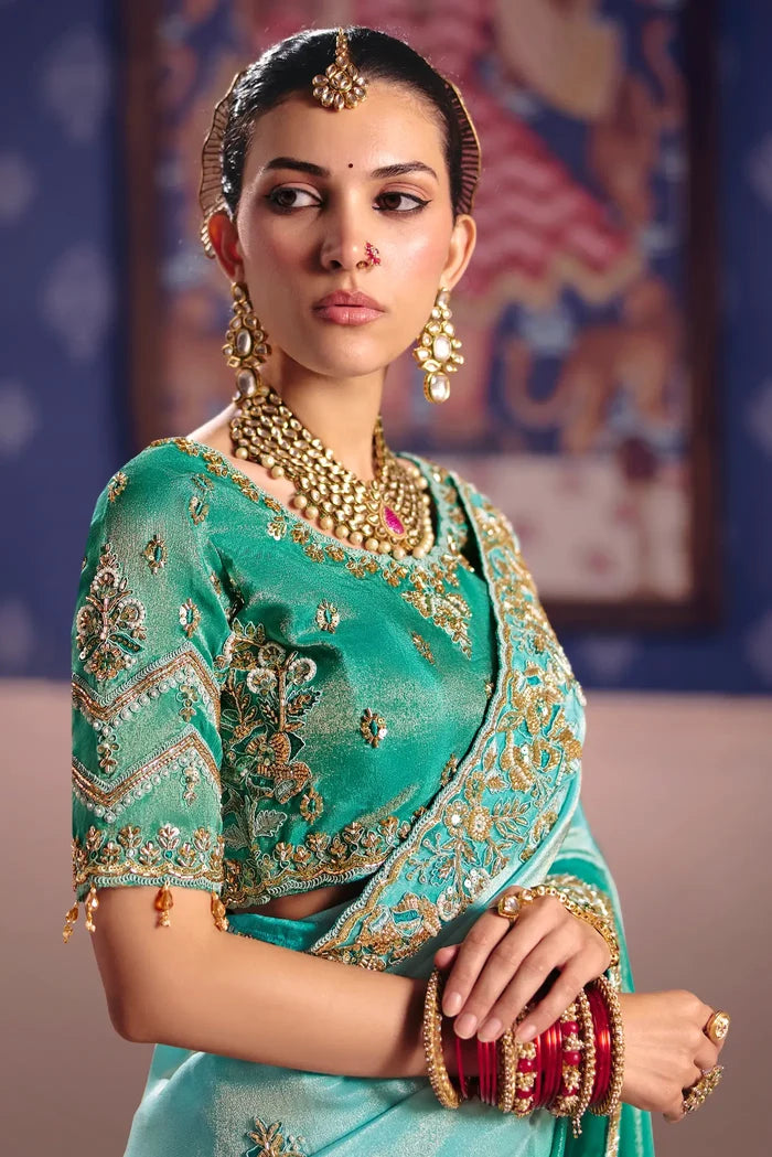 Shaded Green Silk Heavy Embroidered Saree