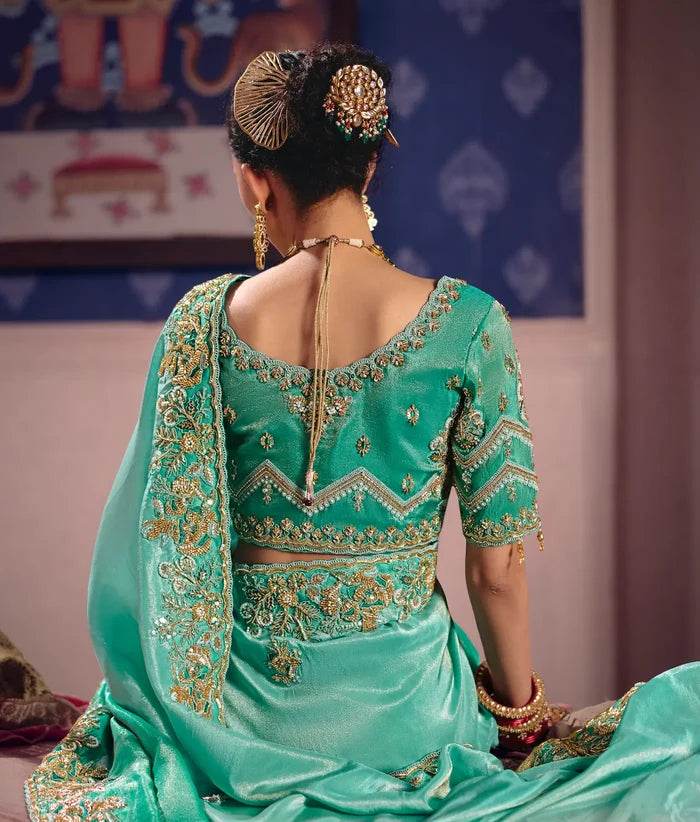 Shaded Green Silk Heavy Embroidered Saree