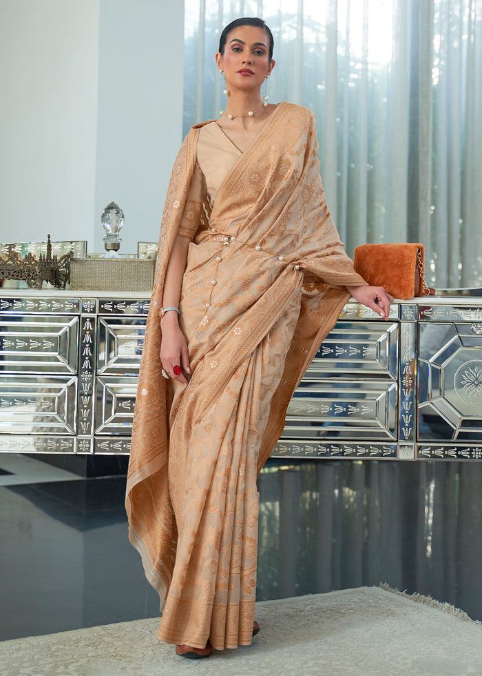 Shades Of Brown Lucknowi Chikankari Weaving Silk Saree - qivii