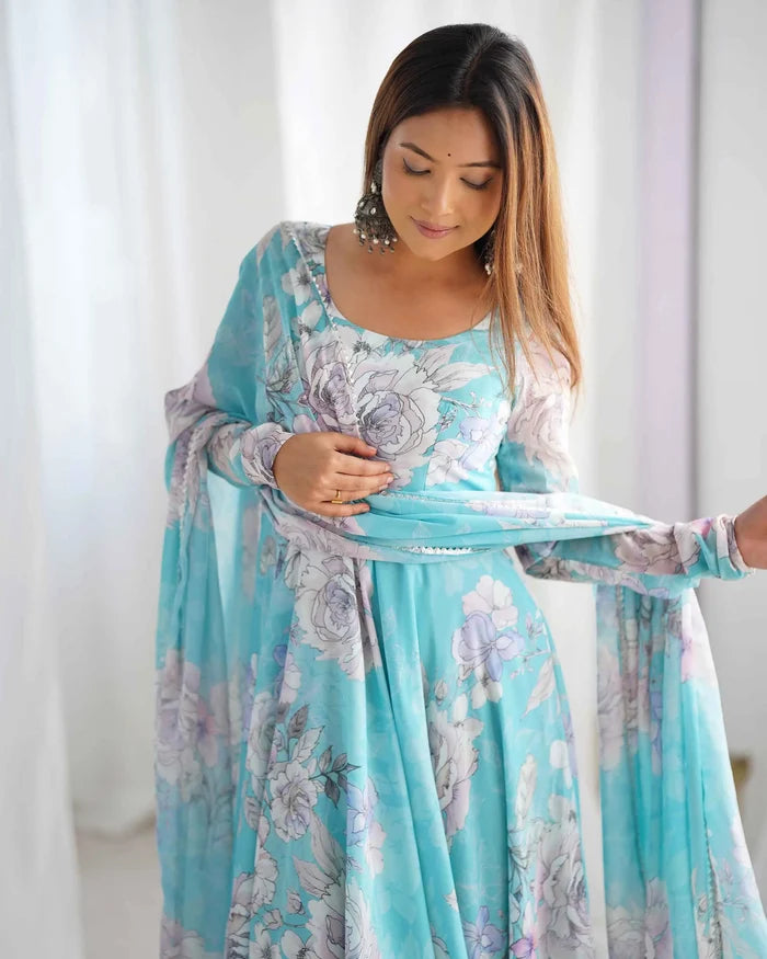 Sky Blue Anarkali Gown With Floral Print
