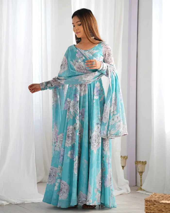 Sky Blue Anarkali Gown With Floral Print
