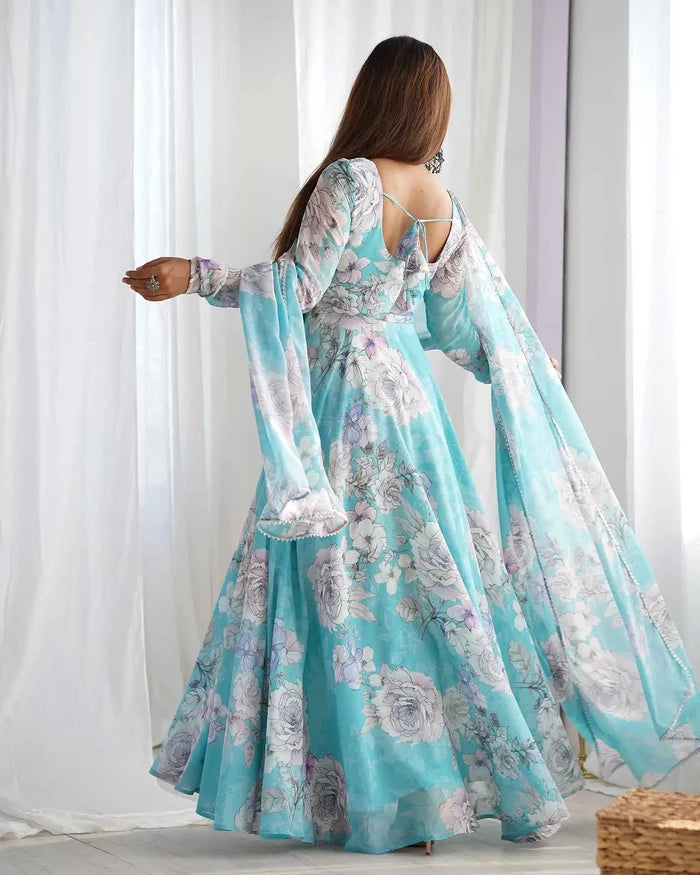 Sky Blue Anarkali Gown With Floral Print