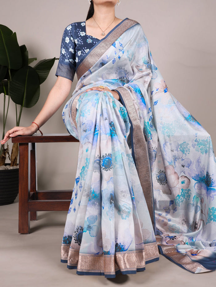 Sky Blue Tussar Silk With Viscose Border Floral Printed Saree - INSPIRED - qivii