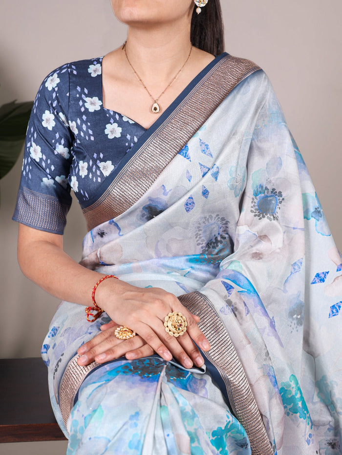 Sky Blue Tussar Silk With Viscose Border Floral Printed Saree - INSPIRED - qivii