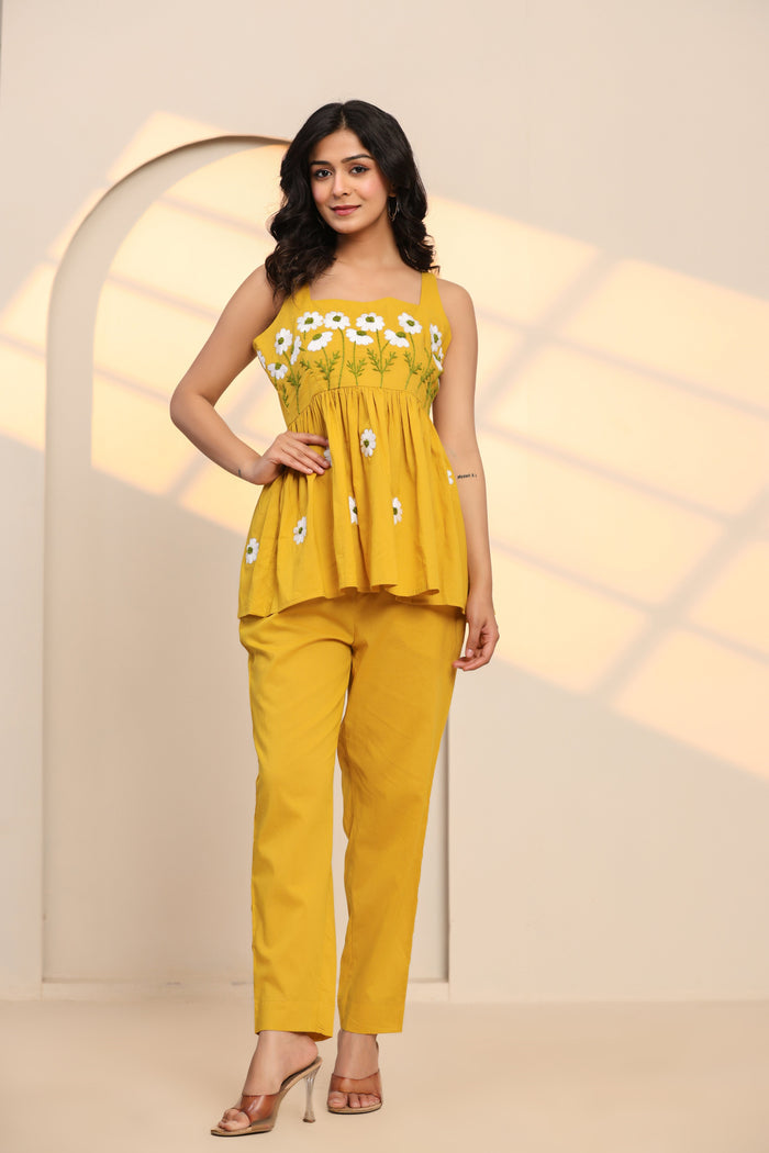 Spicy Mustard Hand Embroidered Cotton Co- Ord Set
