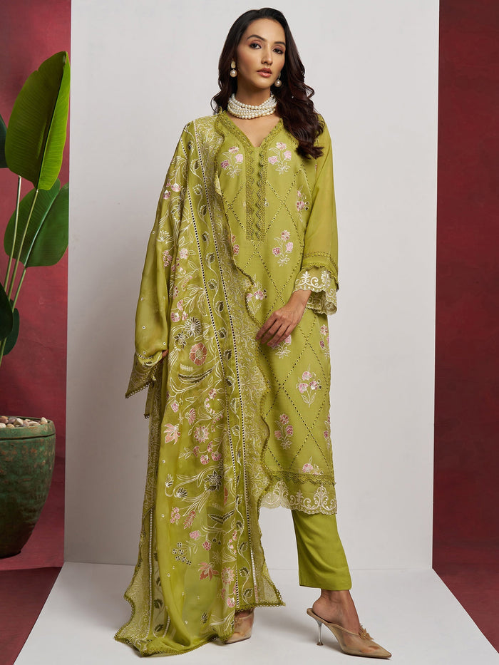 Stunning green organza fabric suit with intricate floral thread embroidery and sequin work