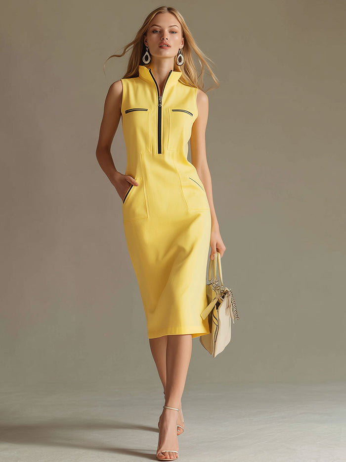 Stylish And Casual Yellow Stand-up Collar Sleeveless Midi Dress  - By Qivii
