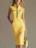 Stylish And Casual Yellow Stand-up Collar Sleeveless Midi Dress  - By Qivii