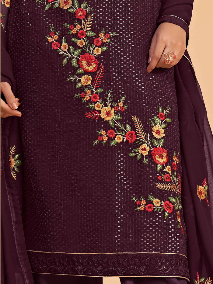 Similar color salwar created with dull santoon material and similar color georgette material dupatta made with butta work