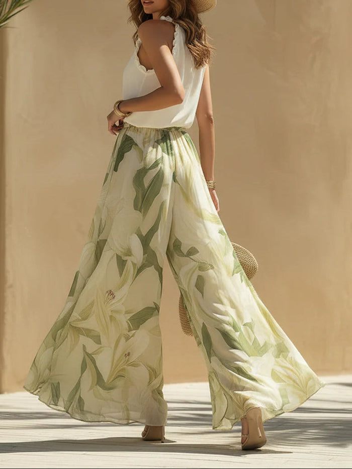 Suzanne | Elegant Floral Wide Leg Two Piece Set by Qivii