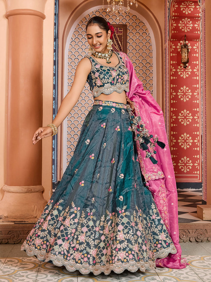 TEAL - Tissue Fabric Sequins embroidery Lehenga & Unstitched Blouse With Dupatta