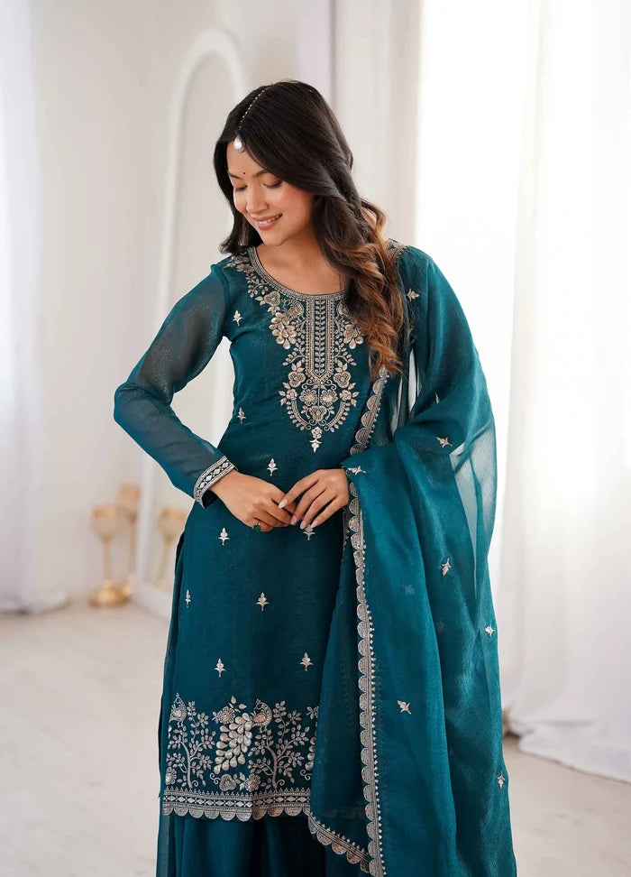 Teal Blue Embroidery Work Sharara Set