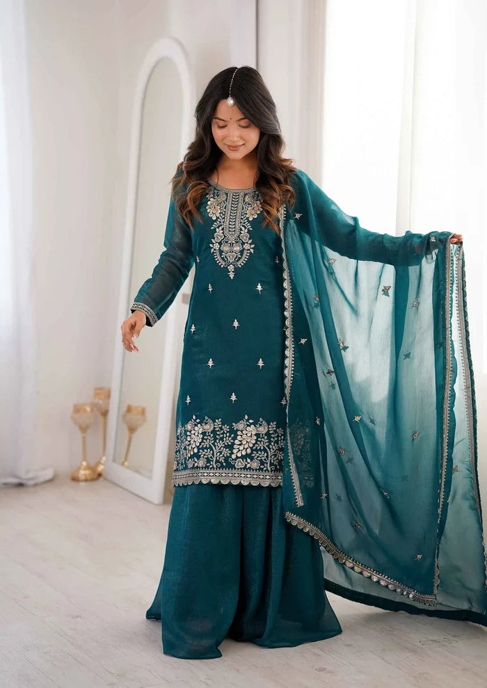 Teal Blue Embroidery Work Sharara Set