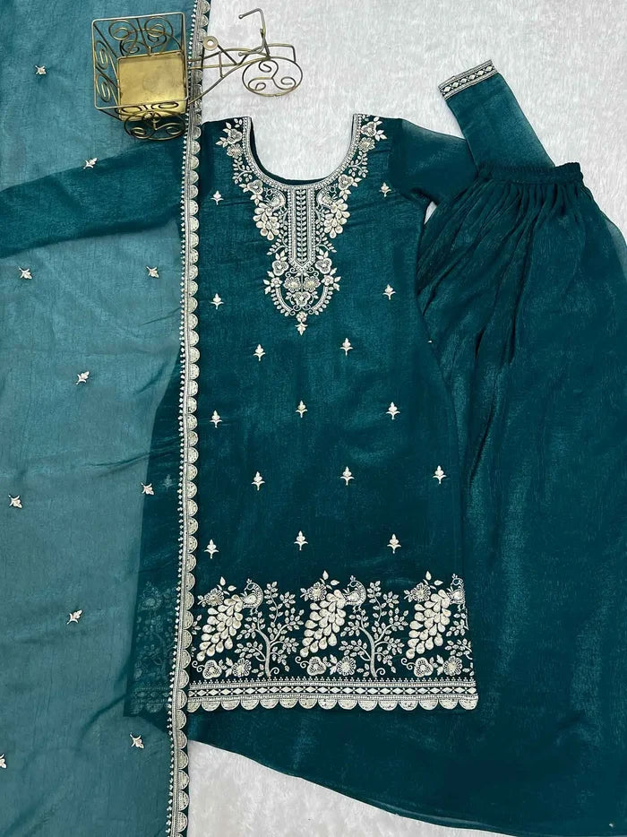 Teal Blue Embroidery Work Sharara Set