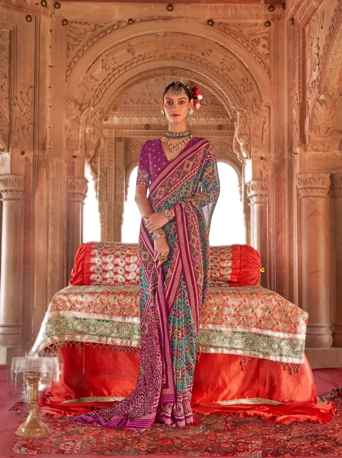 Teal Blue Georgette Patola Saree