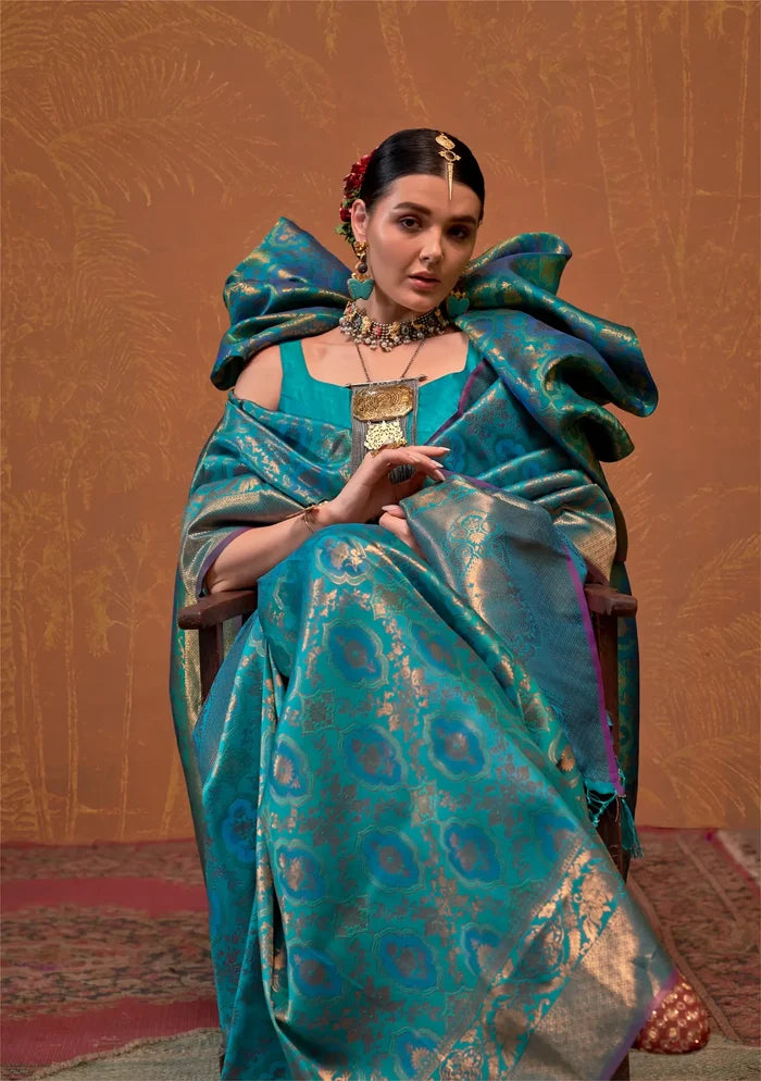 Teal Blue Handloom Weaving Saree