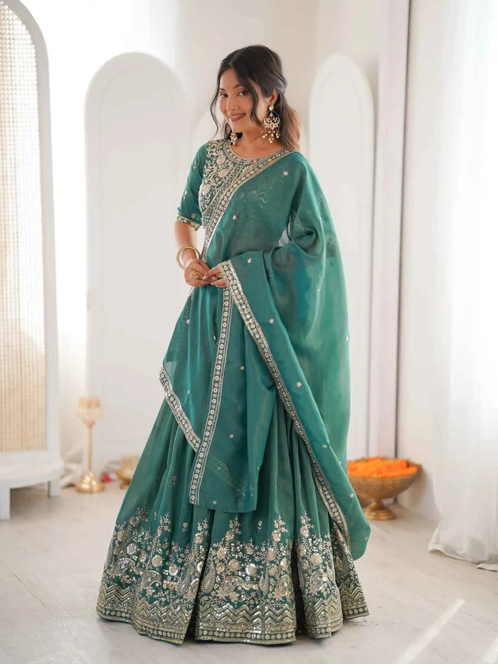 Teal Blue Sequins Embroidery Lehenga Choli