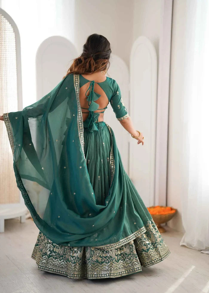Teal Blue Sequins Embroidery Lehenga Choli