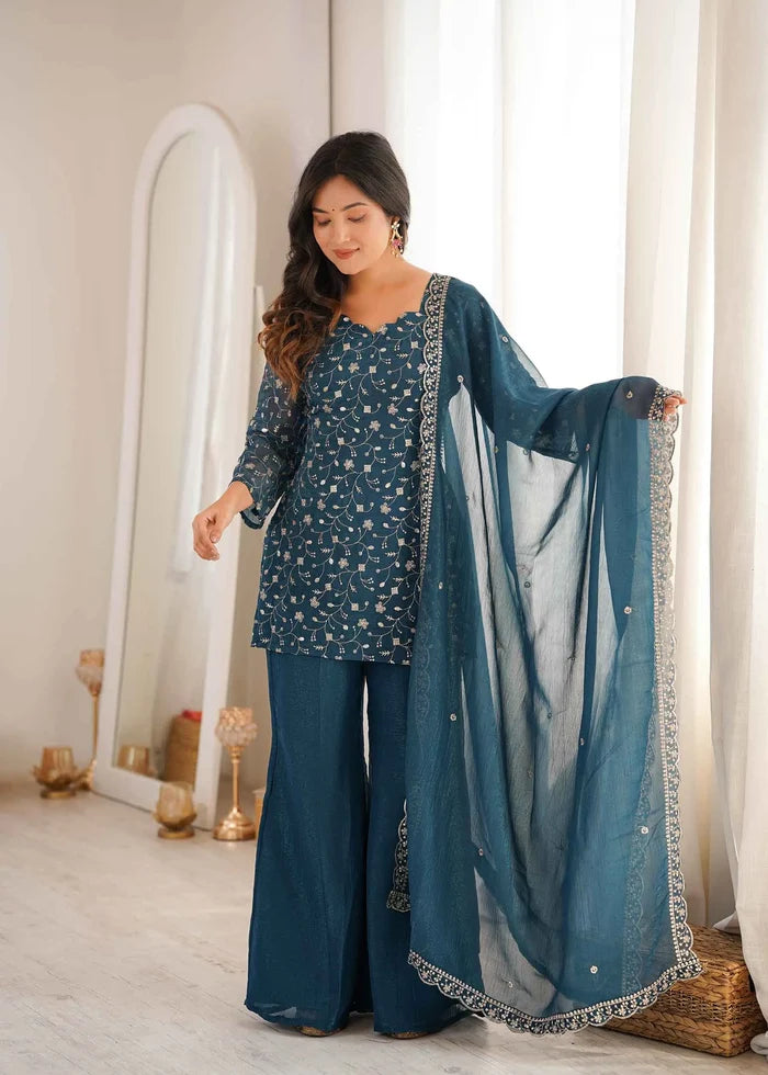 Teal Blue Silk Embroidered Sharara Suit